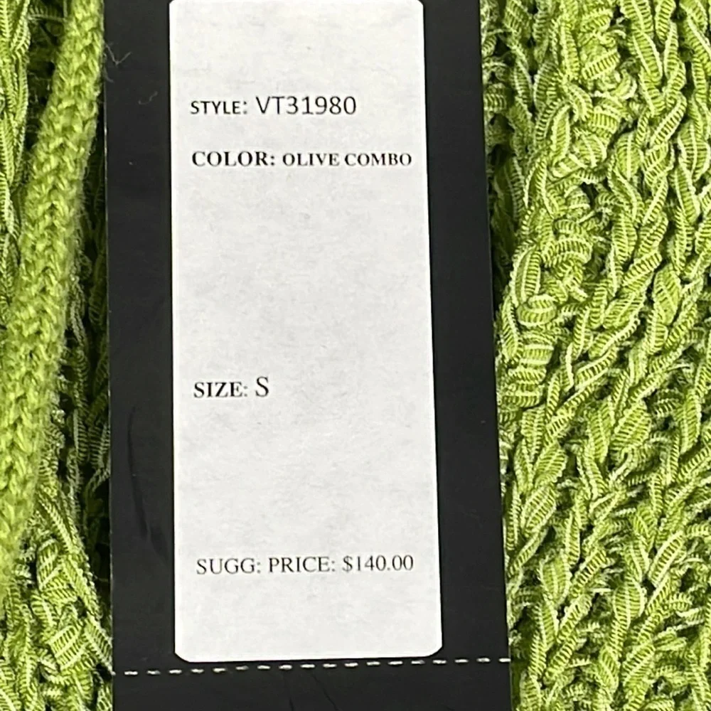 NWT Vertigo Olive Green Combo Knit Poncho Cape and Fuzzy Pom Poms Sz S